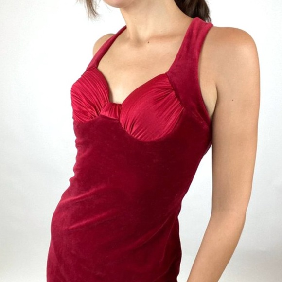 Vintage 90s Karen Okada Red Velvet Bustier Mini Dress - Picture 5 of 9
